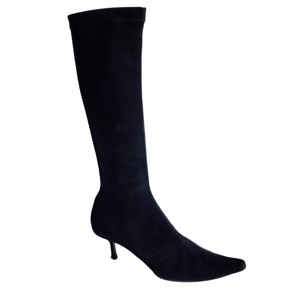 Jimmy Choo Black Suede Kitten Heel Pointed Toe Knee-High Sock Boots Tall 40.5